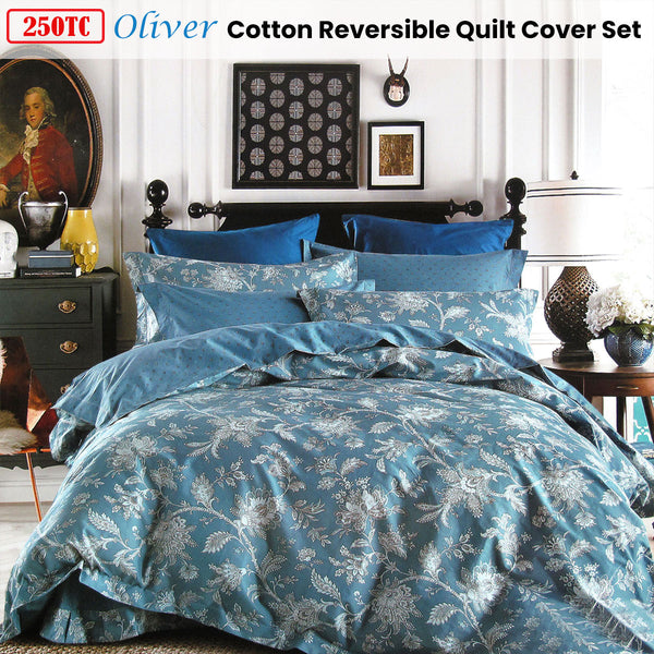 Oliver 250TC Floral Cotton Quilt Doona Duvet Cover Set King Blue White