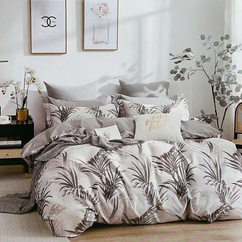 Palm Bay Cotton Reversible Quilt Doona Duvet Cover Set Grey White Queen