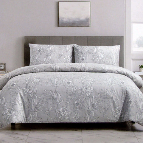 Peony Floral Printed Microfibre Quilt Doona Duvet Cover Set Grey Queen