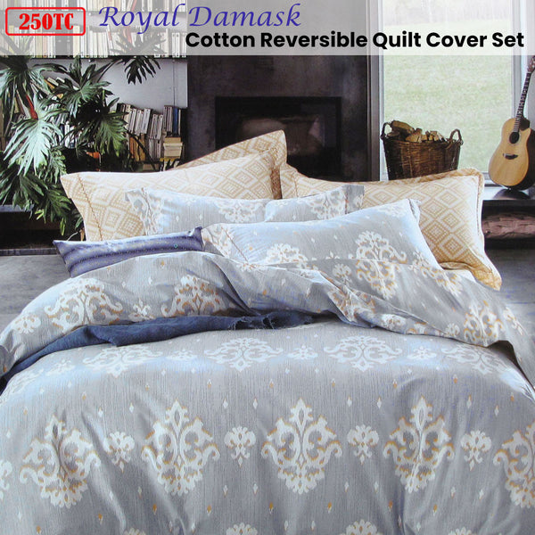 Royal Damask 250TC Cotton Quilt Doona Duvet Cover Set Queen Grey White
