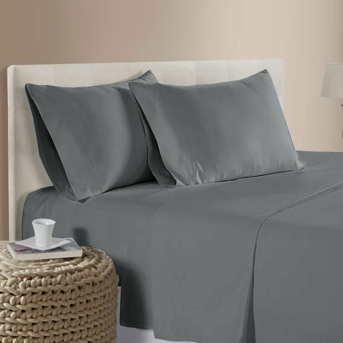 Bamboo Cotton 400TC Flat Fitted Sheet Set Pewter Grey Queen