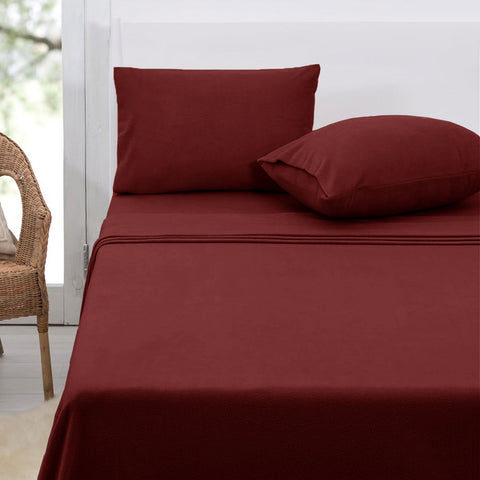 Polar Fleece Flat Fitted Sheet Set 30cm Wall Double Burgundy