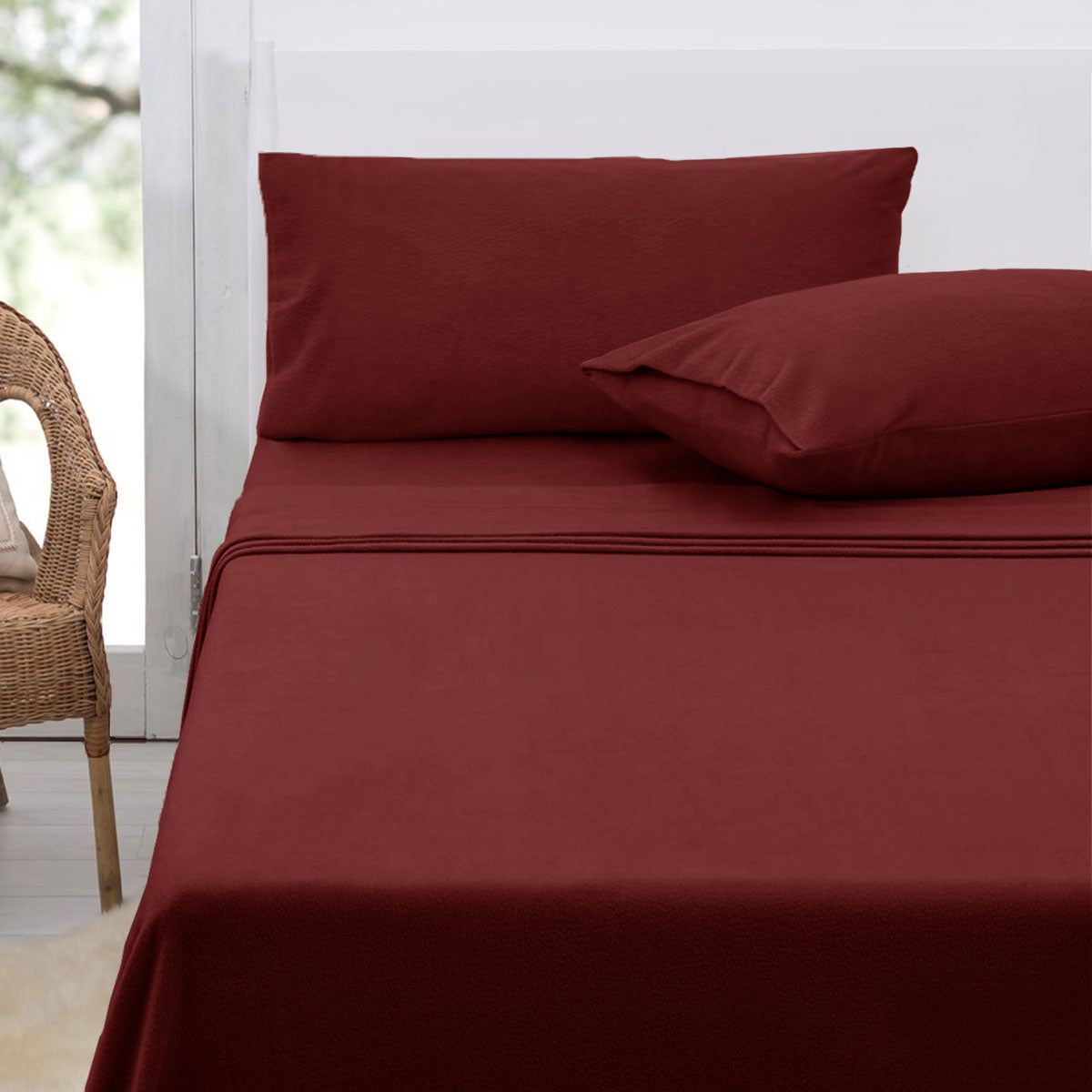 Polar Fleece Flat Fitted Sheet Set 36cm Wall American King Burgundy