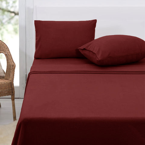 Polar Fleece Flat Fitted Sheet Set 36cm Wall Queen Burgundy