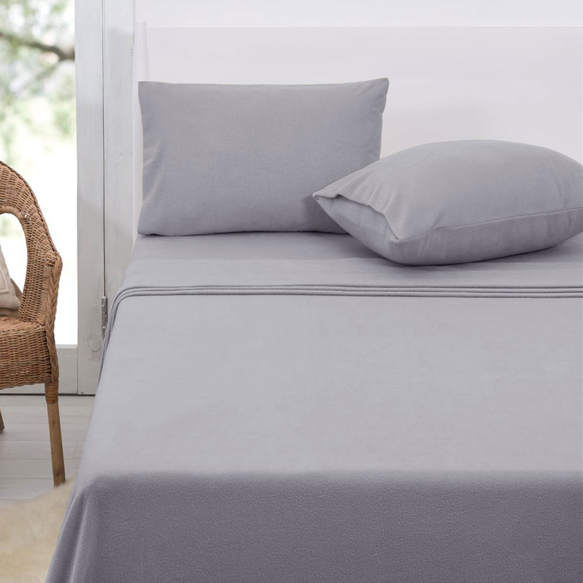 Polar Fleece Flat Fitted Sheet Set 30cm Wall Double Grey