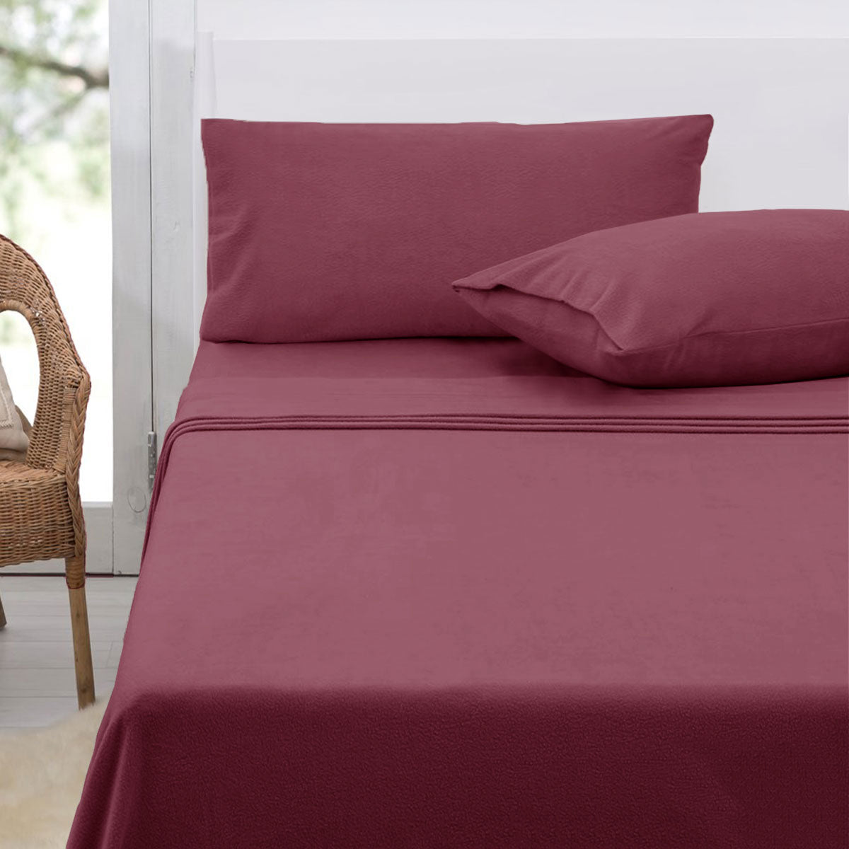Polar Fleece Flat Fitted Sheet Set 36cm Wall American King Rosewood