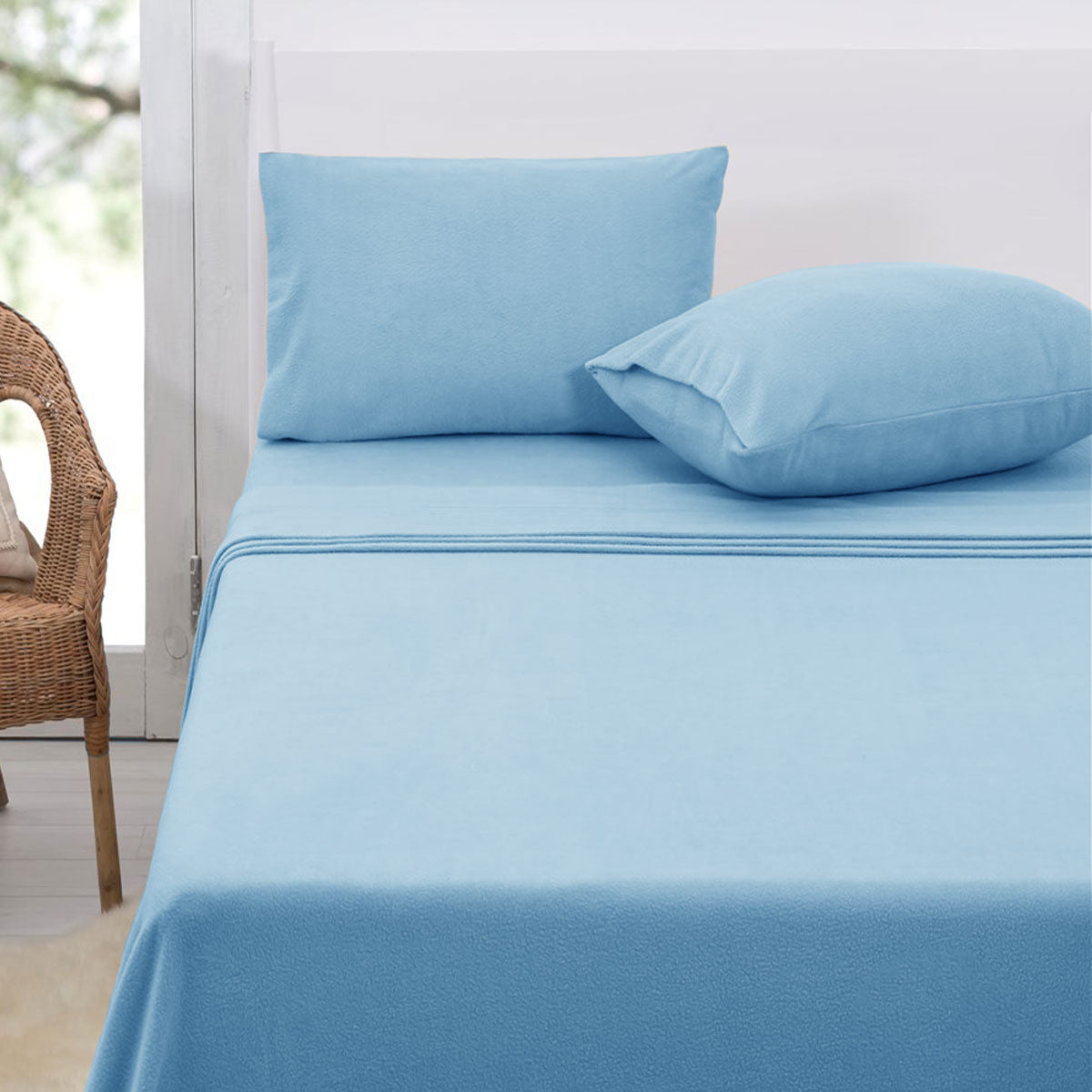 Polar Fleece Flat Fitted Sheet Set 30cm Wall Double Sky Blue