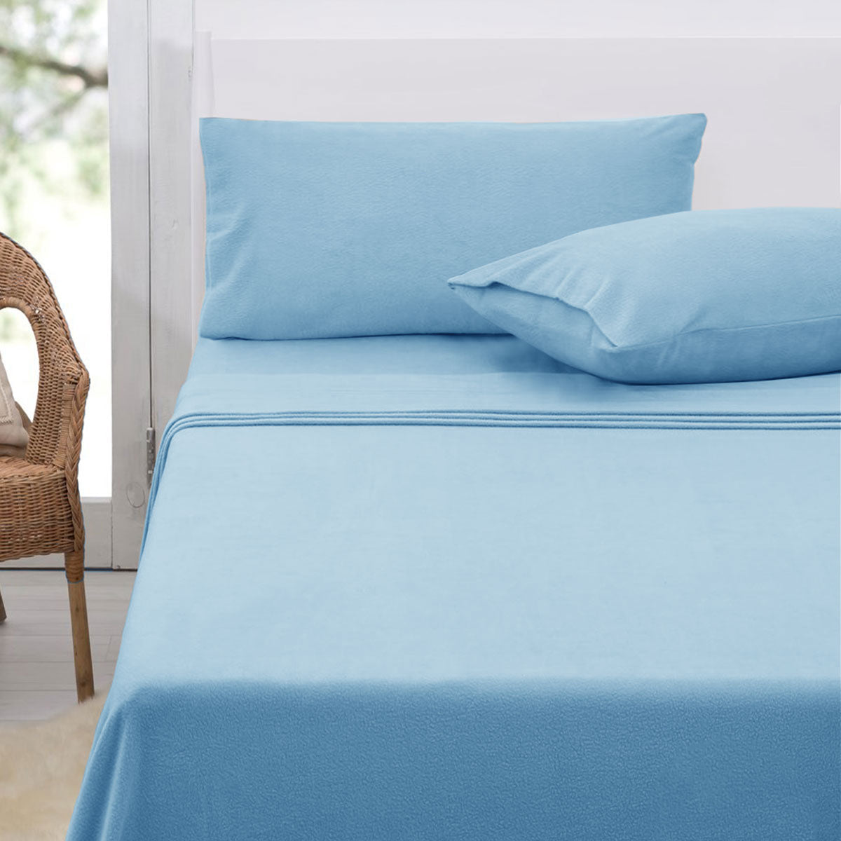 Polar Fleece Flat Fitted Sheet Set 36cm Wall American King Sky Blue