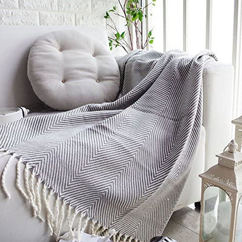 Atlantis Chevron Herringbone Knitted Throw Rug Blanket 127 x 152cm Grey