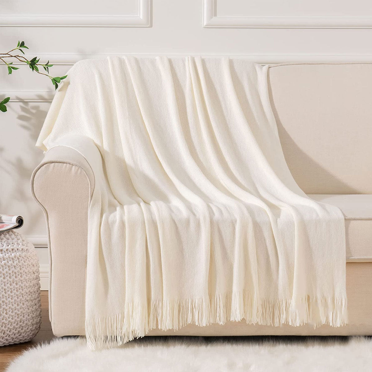 Bahamas Acrylic Woven Fringe Throw Rug Blanket 130 x 150cm Ivory Cream