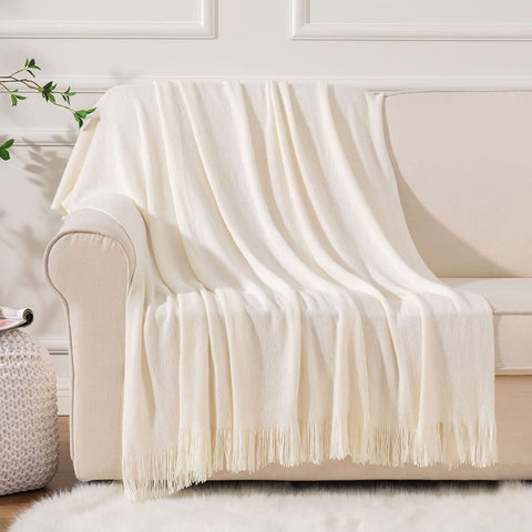 Bahamas Acrylic Woven Fringe Throw Rug Blanket 130 x 150cm Ivory Cream