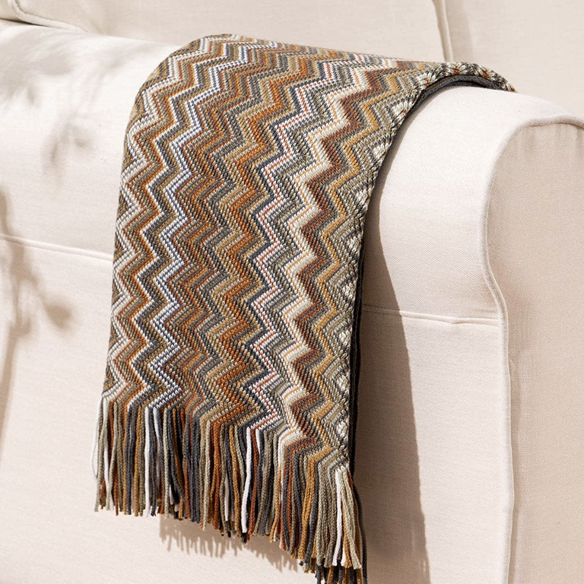 Caribbean Chevron Knitted Throw Rug Blanket 127 x 152cm Brown