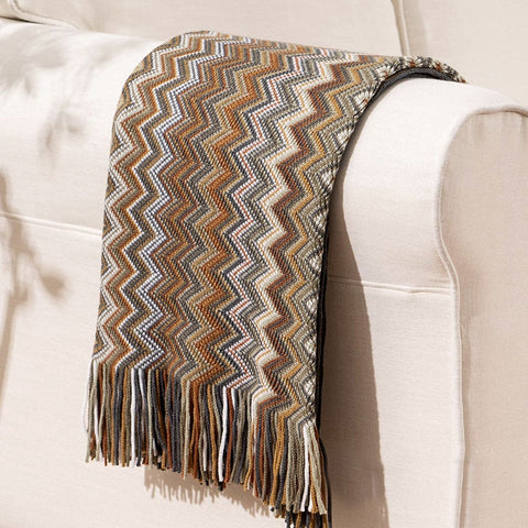 Caribbean Chevron Knitted Throw Rug Blanket 127 x 152cm Brown