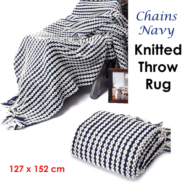 Chains Knitted Throw Rug Blanket 127 x 152cm Navy Cream
