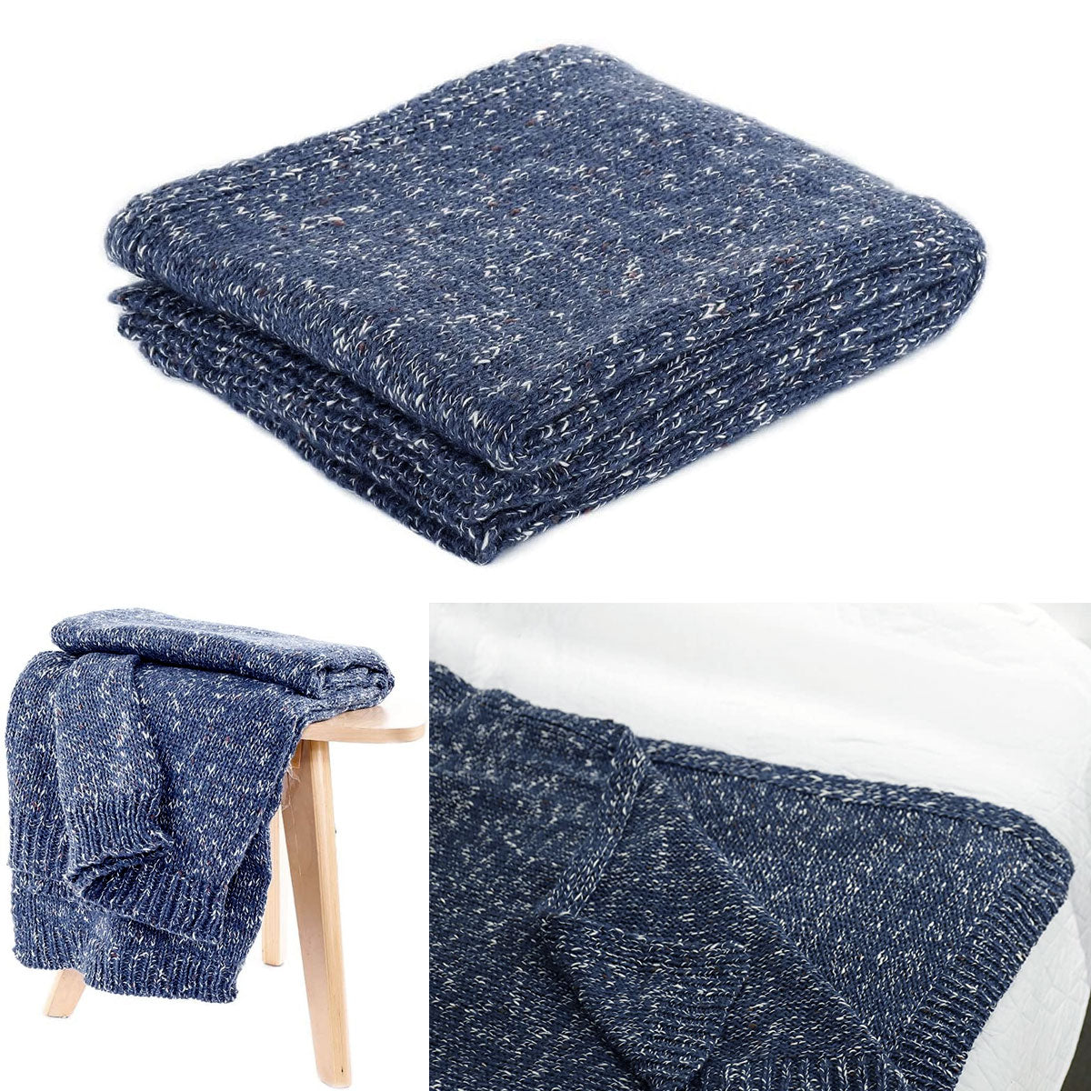 Havana Knitted Woven Throw Rug Blanket 127 x 152cm Blue