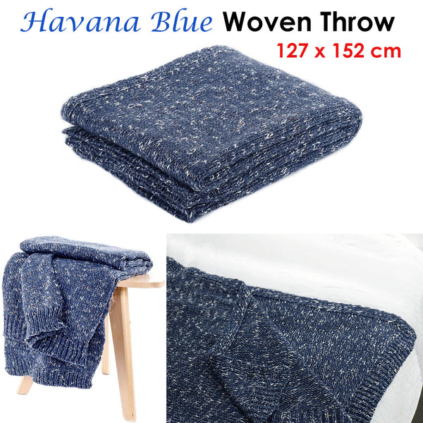 Havana Knitted Woven Throw Rug Blanket 127 x 152cm Blue