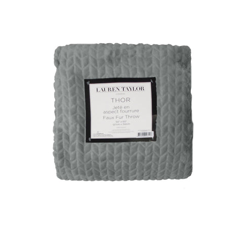 Lauren Taylor Faux Fur Fleece Herringbone Throw Rug Blanket 127 x 152cm Grey