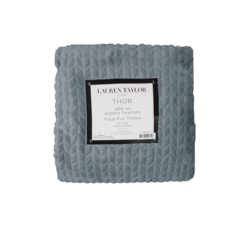 Lauren Taylor Faux Fur Fleece Herringbone Throw Rug Blanket 127 x 152cm Steel