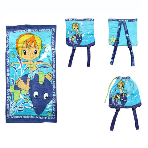 Dolphin Ride Kids Childrens Cotton Beach Towel Bag Backpack