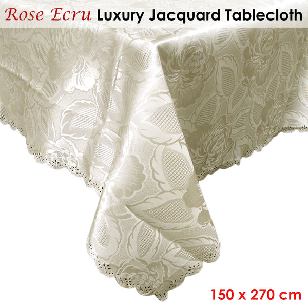 Rose Jacquard Floral Tablecloth Rectangular Ecru 150 x 270cm