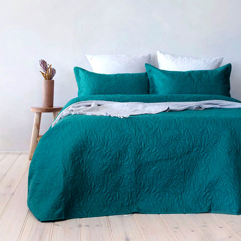 Bambury Botanica Leaf Embossed Bedspread Coverlet Quilt Set Queen King Teal