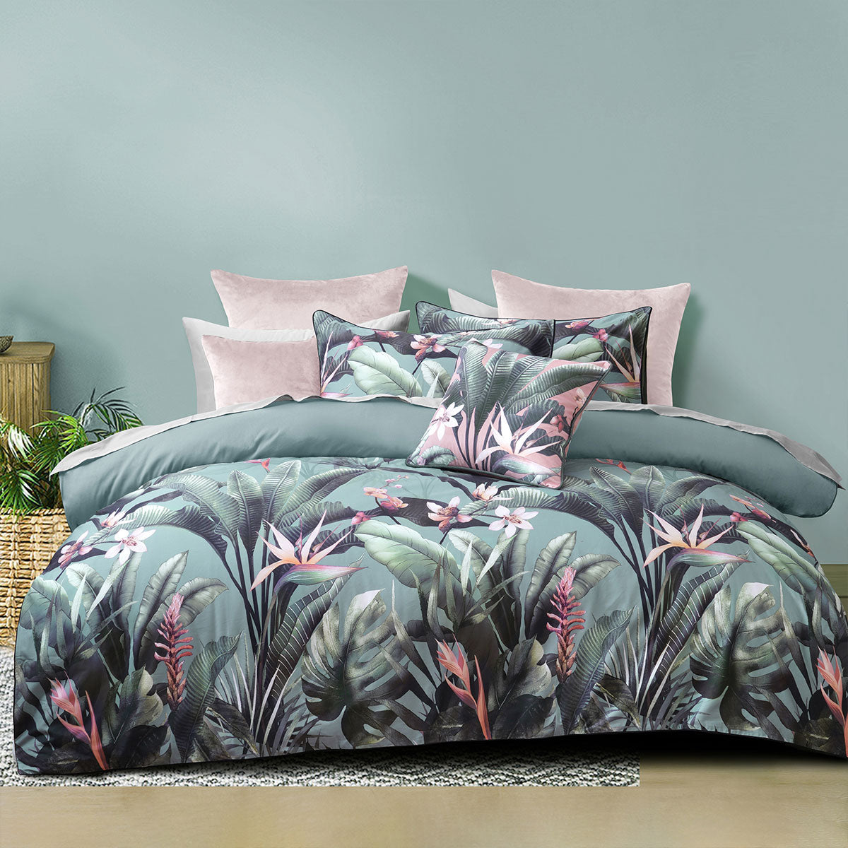 Bianca Mika Tropical Floral Green Cotton Sateen Quilt Doona Duvet Cover Queen