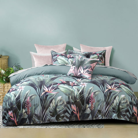 Bianca Mika Tropical Floral Green Cotton Sateen Quilt Doona Duvet Cover Queen