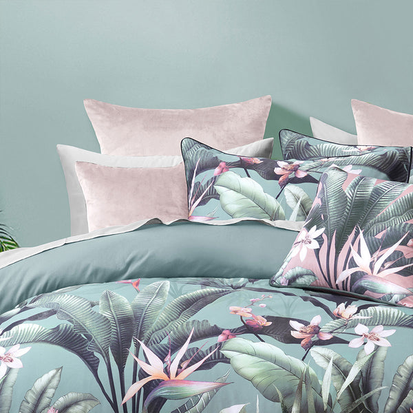 Bianca Mika Tropical Floral Green Cotton Sateen Quilt Doona Duvet Cover Queen