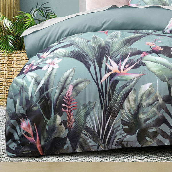 Bianca Mika Tropical Floral Green Cotton Sateen Quilt Doona Duvet Cover Queen