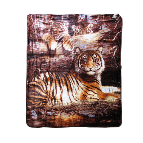 Faux Mink Fleece Throw Rug Blanket 375gsm Queen Tiger Family