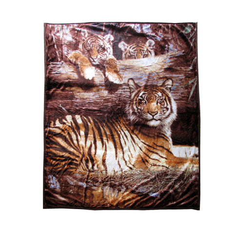 Faux Mink Fleece Throw Rug Blanket 675gsm Queen Tiger Family