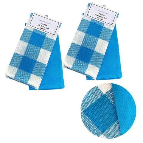 Set of 4 Cotton Waffle Checked Plain Dyed Tea Towels 50cm x 70cm Blue