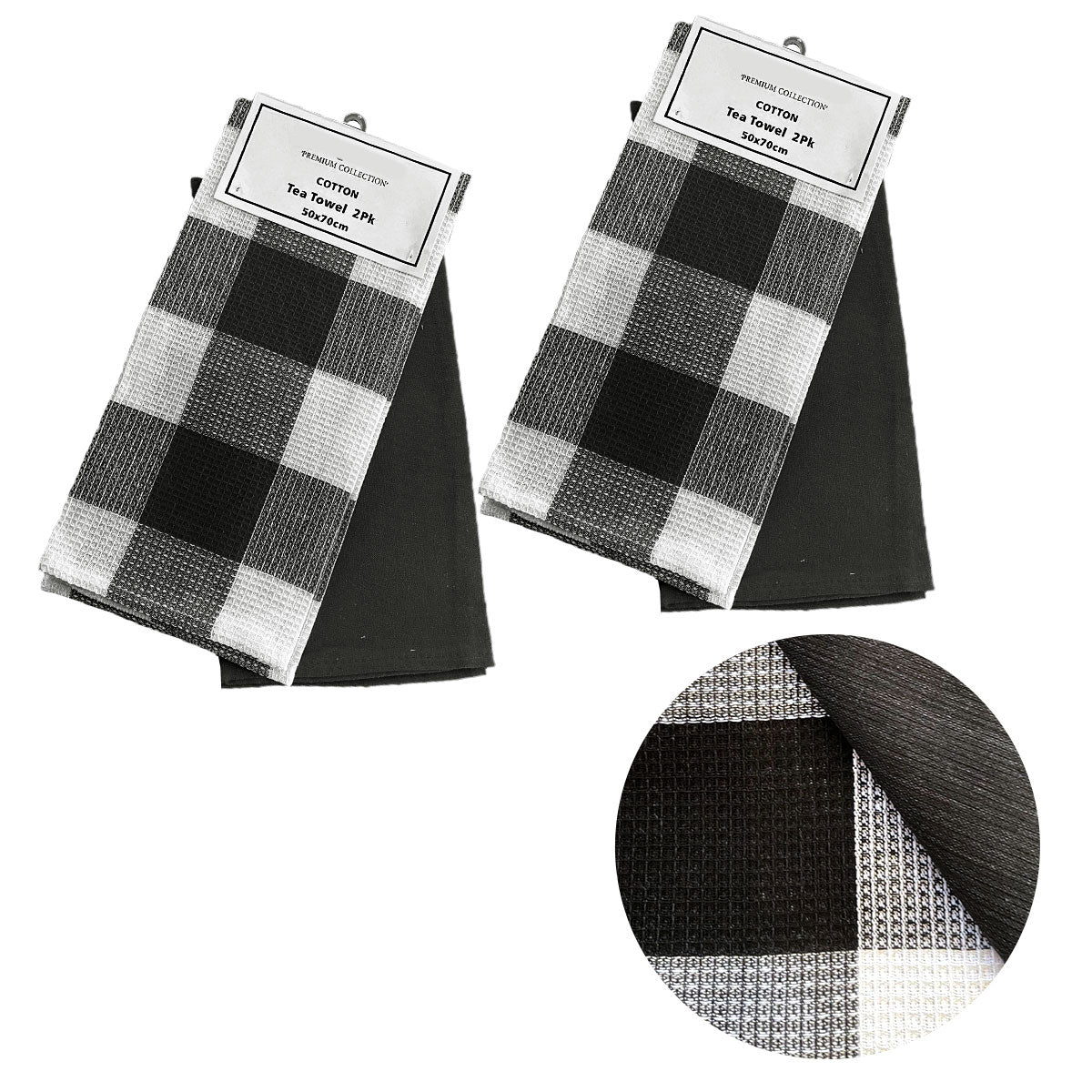 Set of 4 Cotton Waffle Checked Plain Dyed Tea Towels 50cm x 70cm Black