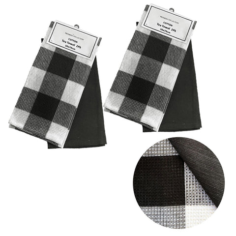 Set of 4 Cotton Waffle Checked Plain Dyed Tea Towels 50cm x 70cm Black