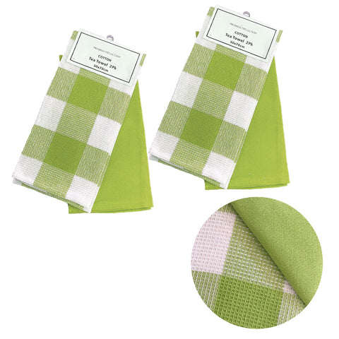 Set of 4 Cotton Waffle Checked Plain Dyed Tea Towels 50cm x 70cm Green