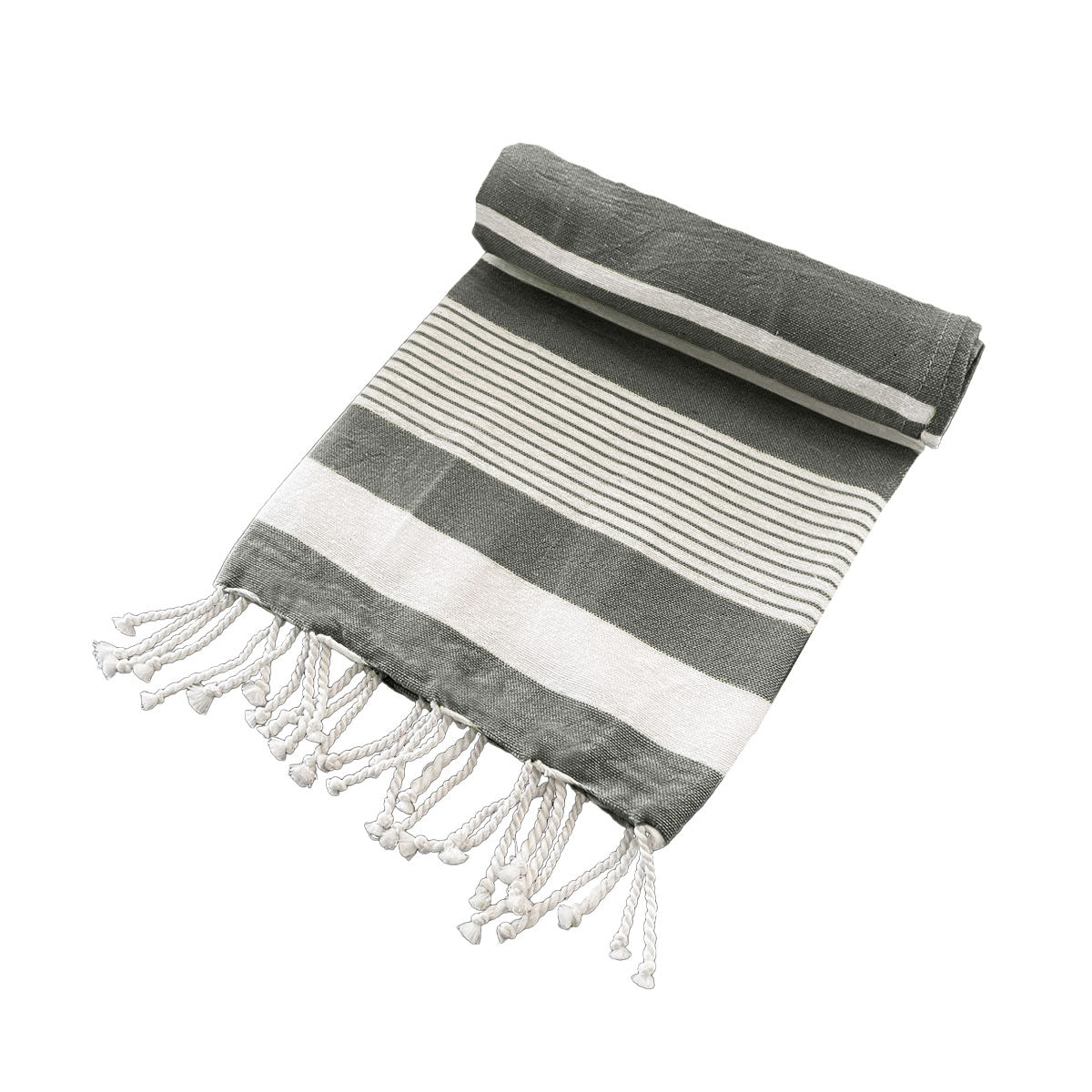 Striped Turkish Beach Towel Cotton Rich Tassels 200gsm 80cm x 155cm Black