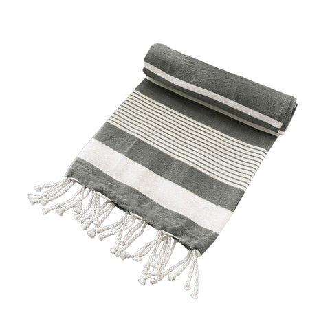 Striped Turkish Beach Towel Cotton Rich Tassels 200gsm 80cm x 155cm Black