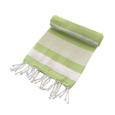 Striped Turkish Beach Towel Cotton Rich Tassels 200gsm 80cm x 155cm Green