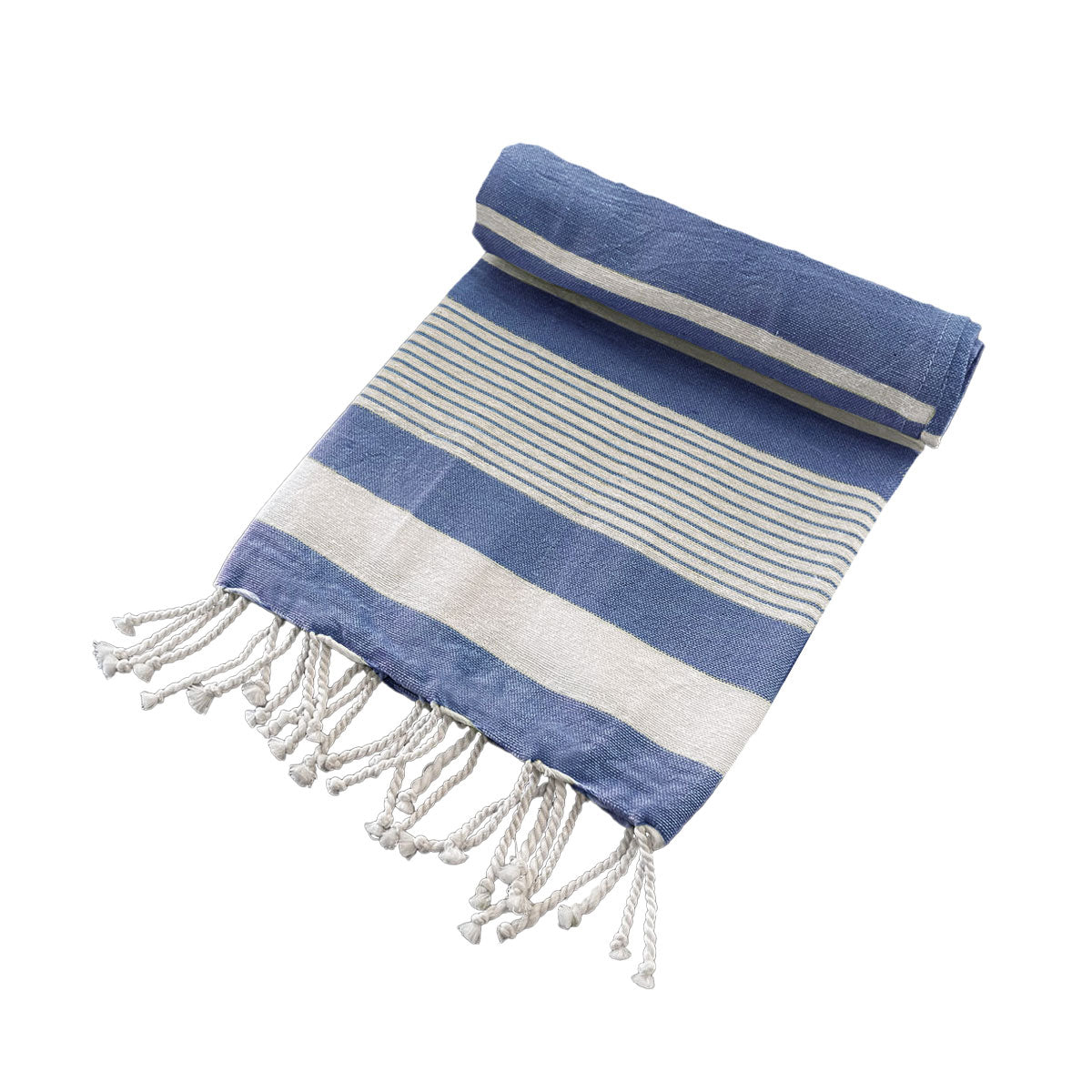 Striped Turkish Beach Towel Cotton Rich Tassels 200gsm 80cm x 155cm Blue