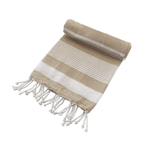 Striped Turkish Beach Towel Cotton Rich Tassels 200gsm 80cm x 155cm Taupe