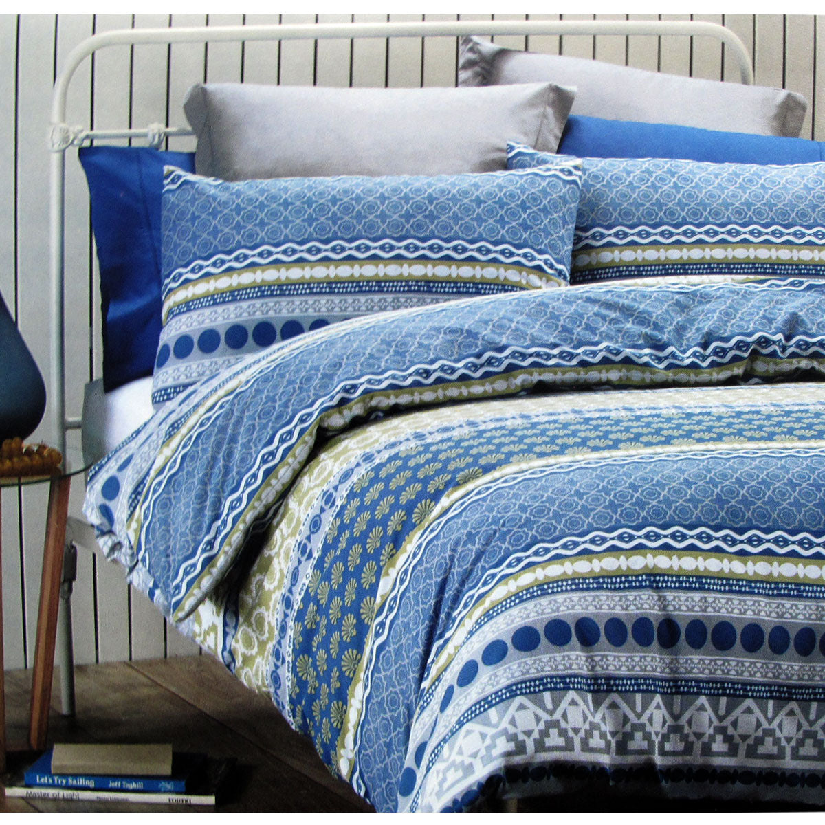 Belmondo Angelique Geometric Cotton Blend Quilt Doona Duvet Cover Set Queen Blue