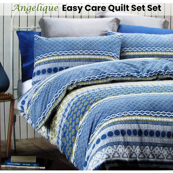 Belmondo Angelique Geometric Cotton Blend Quilt Doona Duvet Cover Set Queen Blue