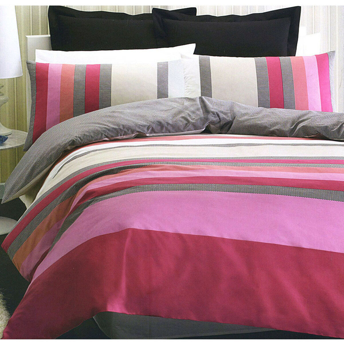 Belmondo Cavalli Striped Polyester Cotton Quilt Doona Duvet Cover Set Pink King