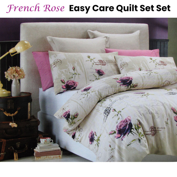 Belmondo French Rose Floral Quilt Doona Duvet Cover Set Purple Queen
