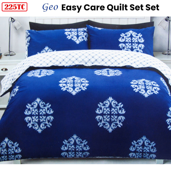 Geo Damask Pattern Cotton Blend Quilt Doona Duvet Cover Set Blue Queen