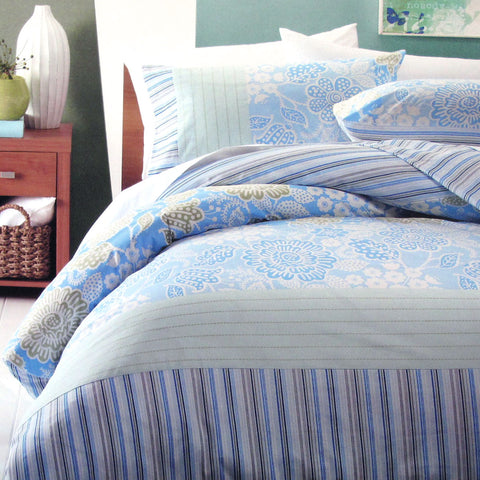 Java Floral Stripe 225TC Polyester Cotton Quilt Doona Duvet Cover Set Single Blue