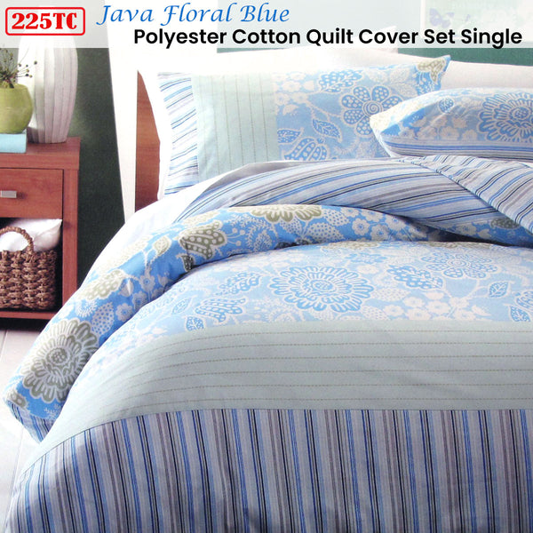 Java Floral Stripe 225TC Polyester Cotton Quilt Doona Duvet Cover Set Single Blue