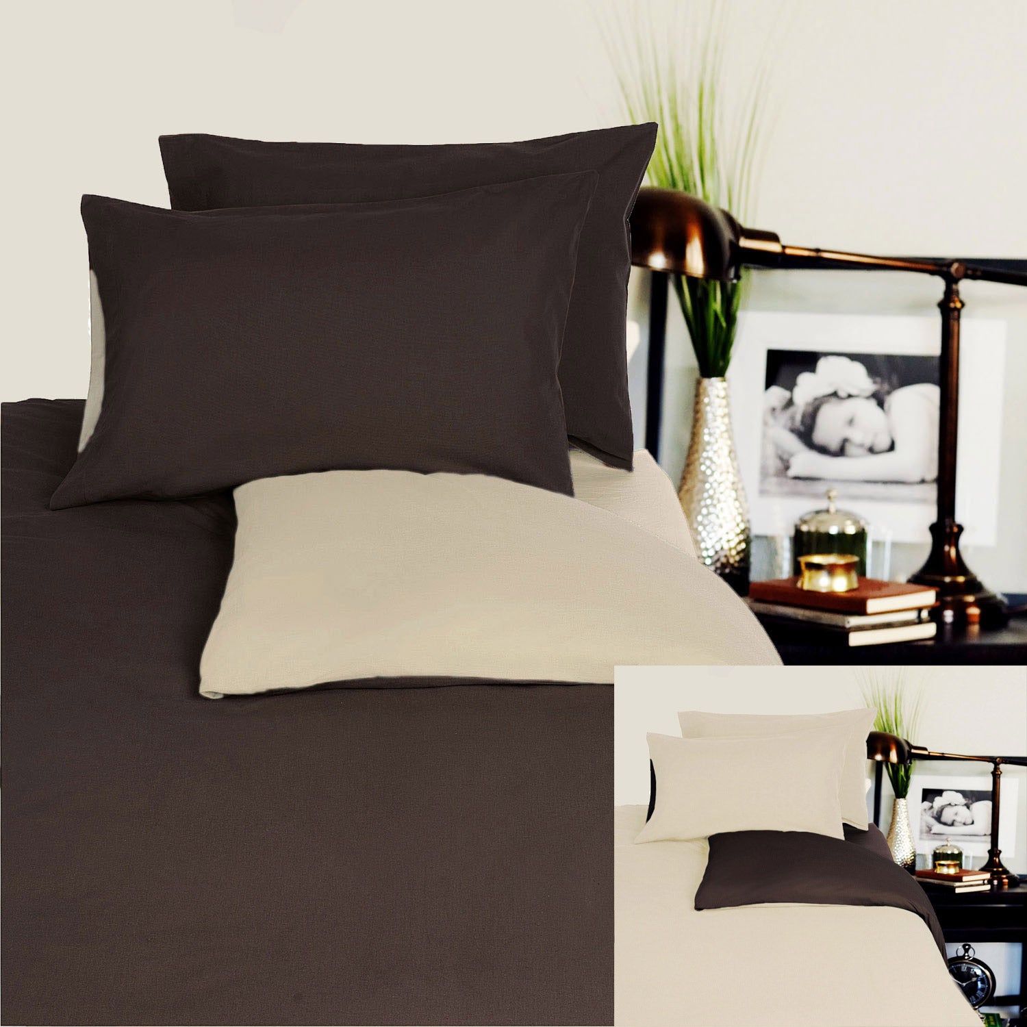Hotel Living Reversible Cotton Quilt Doona Duvet Cover Set Brown Beige Queen