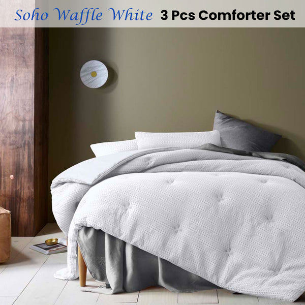 Accessorize Soho Waffle White 3 Pce Comforter Bedspread Coverlet Set Queen