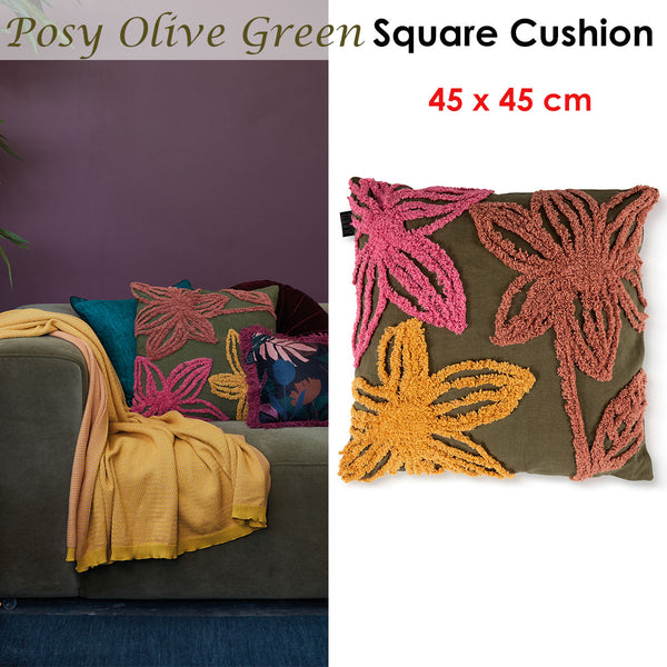 Bedding House Posy Textured Flowers Olive Green Filled Square Cushion 45cm